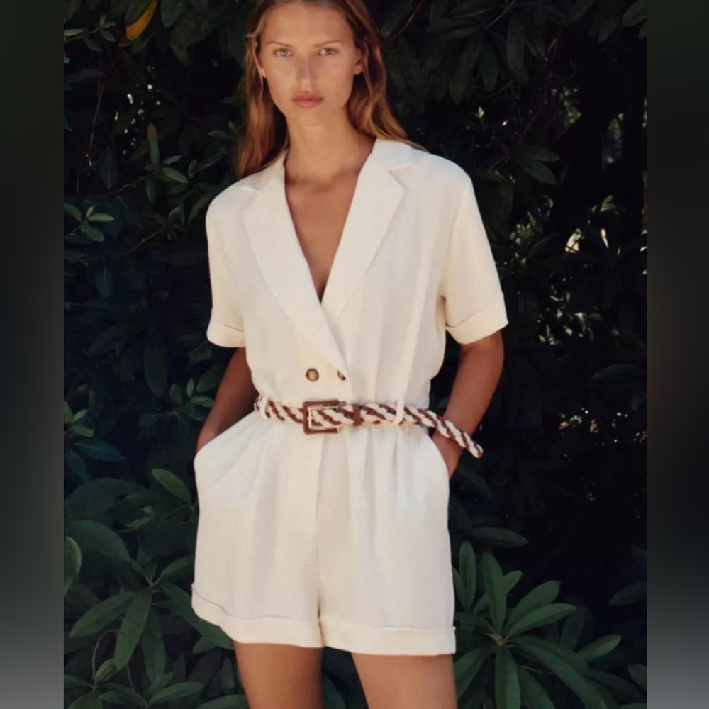 Zara Cream Short Jumpsuit: Braided Belt